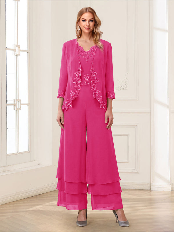 Jumpsuits V-Neck 3/4 Sleeves Ankle-Length Two Pieces Mother of the Bride Pantsuit with Lace
