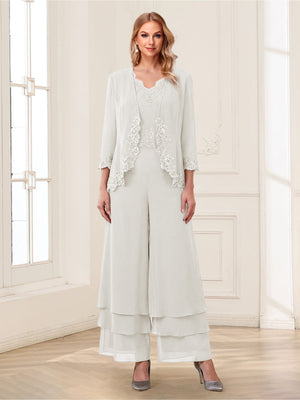 Jumpsuits V-Neck 3/4 Sleeves Ankle-Length Two Pieces Mother of the Bride Pantsuit with Lace
