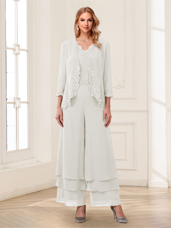 Jumpsuits V-Neck 3/4 Sleeves Ankle-Length Two Pieces Mother of the Bride Pantsuit with Lace