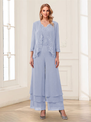 Jumpsuits V-Neck 3/4 Sleeves Ankle-Length Two Pieces Mother of the Bride Pantsuit with Lace