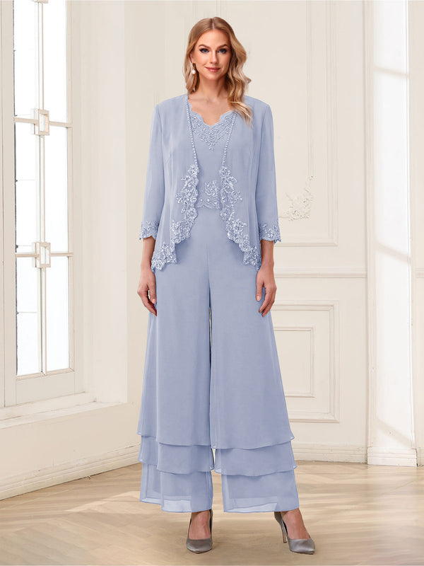 Jumpsuits V-Neck 3/4 Sleeves Ankle-Length Two Pieces Mother of the Bride Pantsuit with Lace