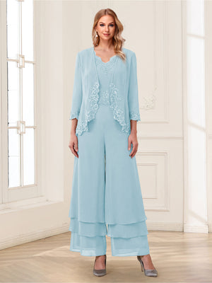 Jumpsuits V-Neck 3/4 Sleeves Ankle-Length Two Pieces Mother of the Bride Pantsuit with Lace