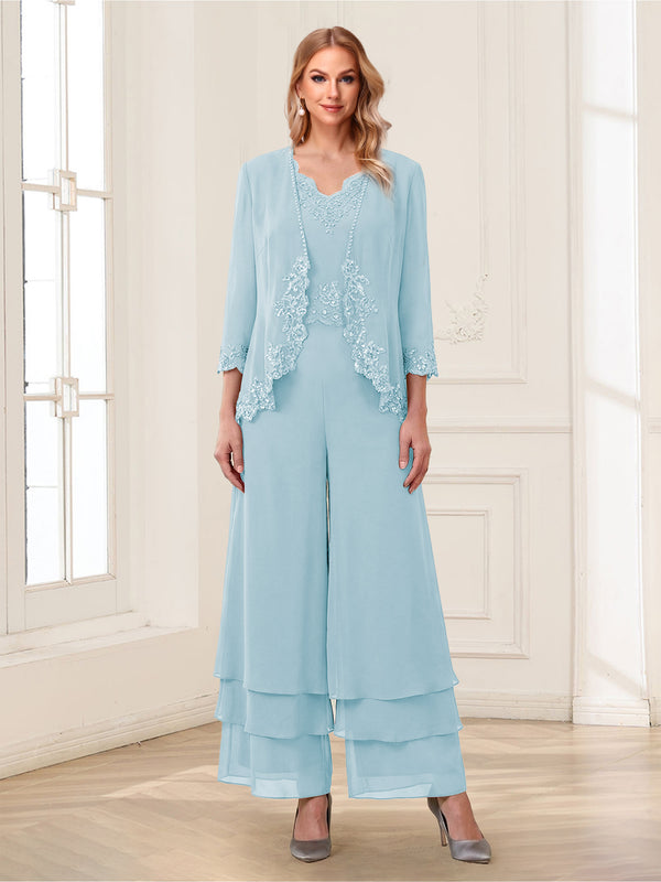 Jumpsuits V-Neck 3/4 Sleeves Ankle-Length Two Pieces Mother of the Bride Pantsuit with Lace