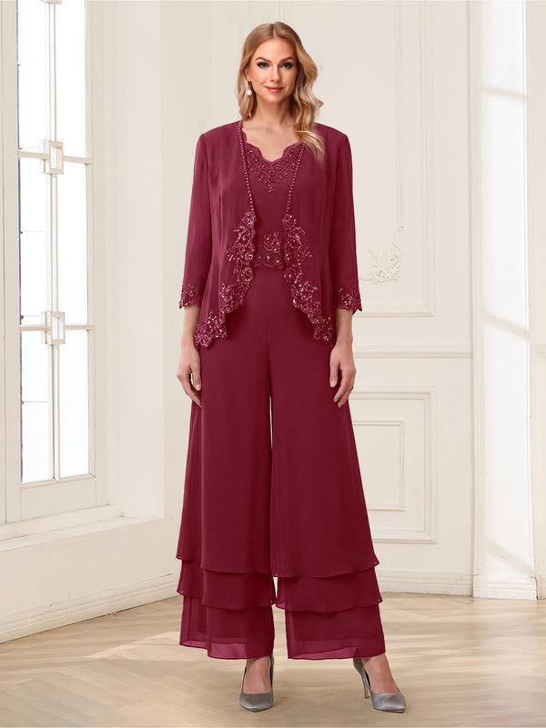 Jumpsuits V-Neck 3/4 Sleeves Ankle-Length Two Pieces Mother of the Bride Pantsuit with Lace