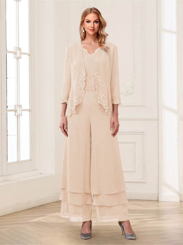Jumpsuits V-Neck 3/4 Sleeves Ankle-Length Two Pieces Mother of the Bride Pantsuit with Lace
