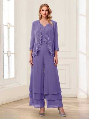 Jumpsuits V-Neck 3/4 Sleeves Ankle-Length Two Pieces Mother of the Bride Pantsuit with Lace