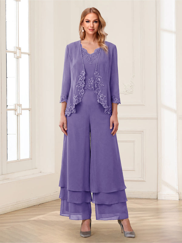 Jumpsuits V-Neck 3/4 Sleeves Ankle-Length Two Pieces Mother of the Bride Pantsuit with Lace