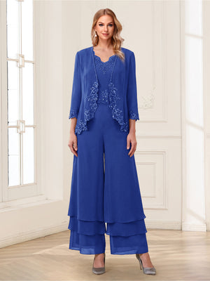 Jumpsuits V-Neck 3/4 Sleeves Ankle-Length Two Pieces Mother of the Bride Pantsuit with Lace