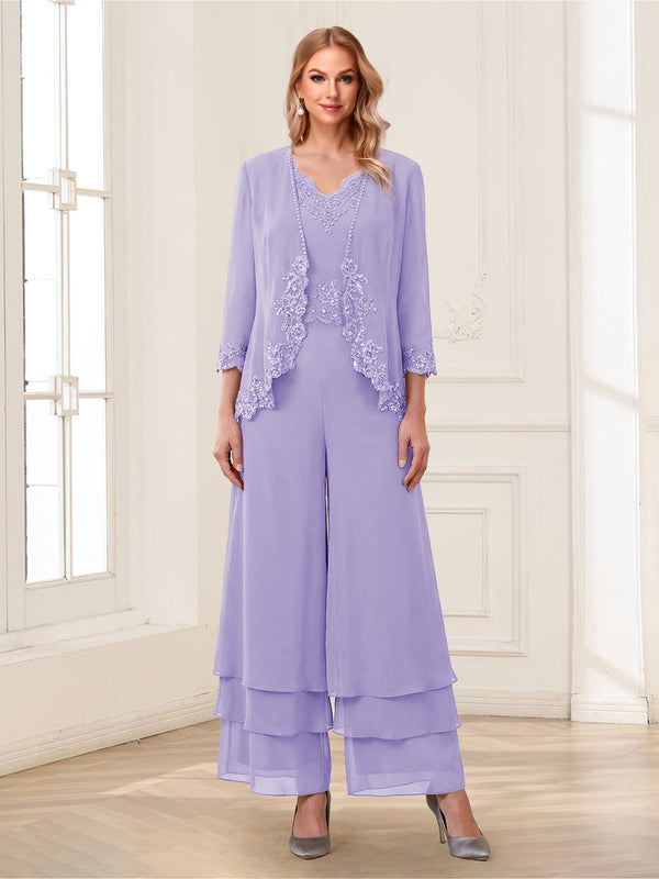 Jumpsuits V-Neck 3/4 Sleeves Ankle-Length Two Pieces Mother of the Bride Pantsuit with Lace