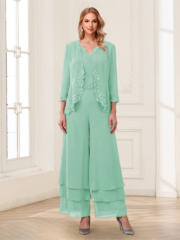 Jumpsuits V-Neck 3/4 Sleeves Ankle-Length Two Pieces Mother of the Bride Pantsuit with Lace