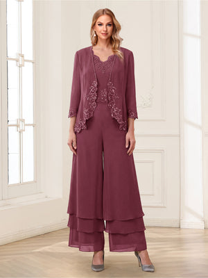 Jumpsuits V-Neck 3/4 Sleeves Ankle-Length Two Pieces Mother of the Bride Pantsuit with Lace