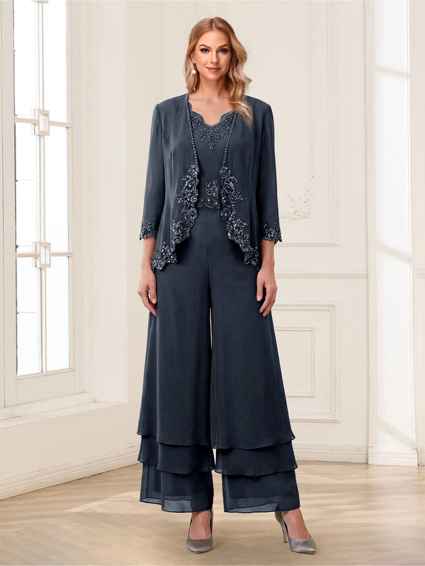 Jumpsuits V-Neck 3/4 Sleeves Ankle-Length Two Pieces Mother of the Bride Pantsuit with Lace