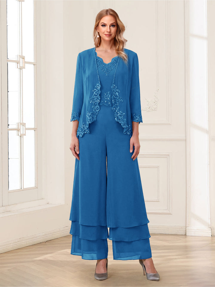 Jumpsuits V-Neck 3/4 Sleeves Ankle-Length Two Pieces Mother of the Bride Pantsuit with Lace