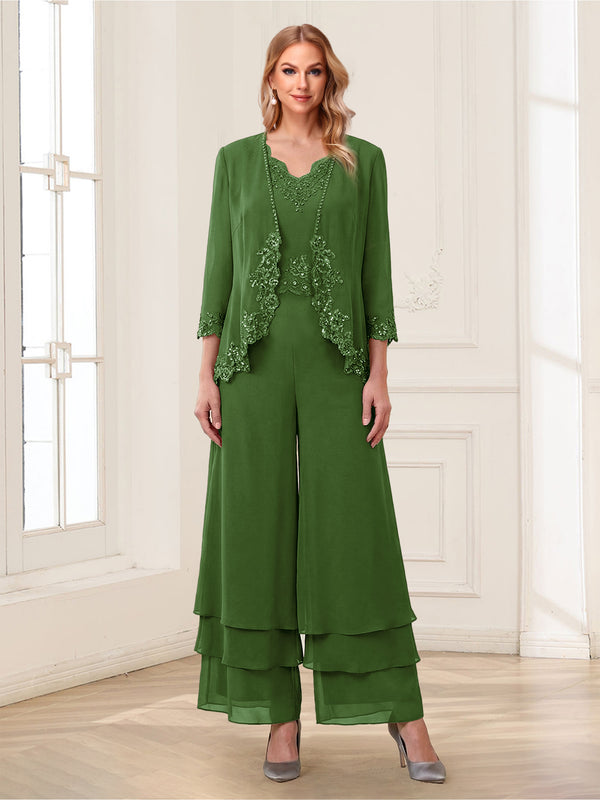 Jumpsuits V-Neck 3/4 Sleeves Ankle-Length Two Pieces Mother of the Bride Pantsuit with Lace
