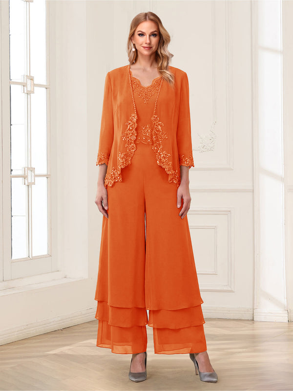 Jumpsuits V-Neck 3/4 Sleeves Ankle-Length Two Pieces Mother of the Bride Pantsuit with Lace