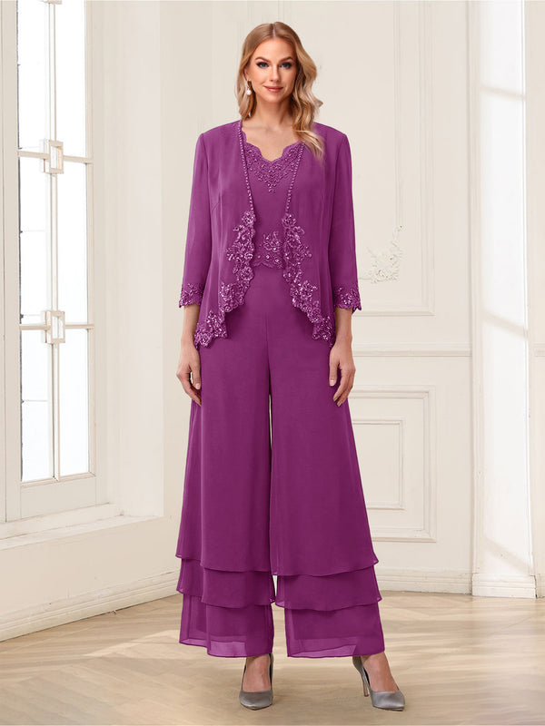 Jumpsuits V-Neck 3/4 Sleeves Ankle-Length Two Pieces Mother of the Bride Pantsuit with Lace