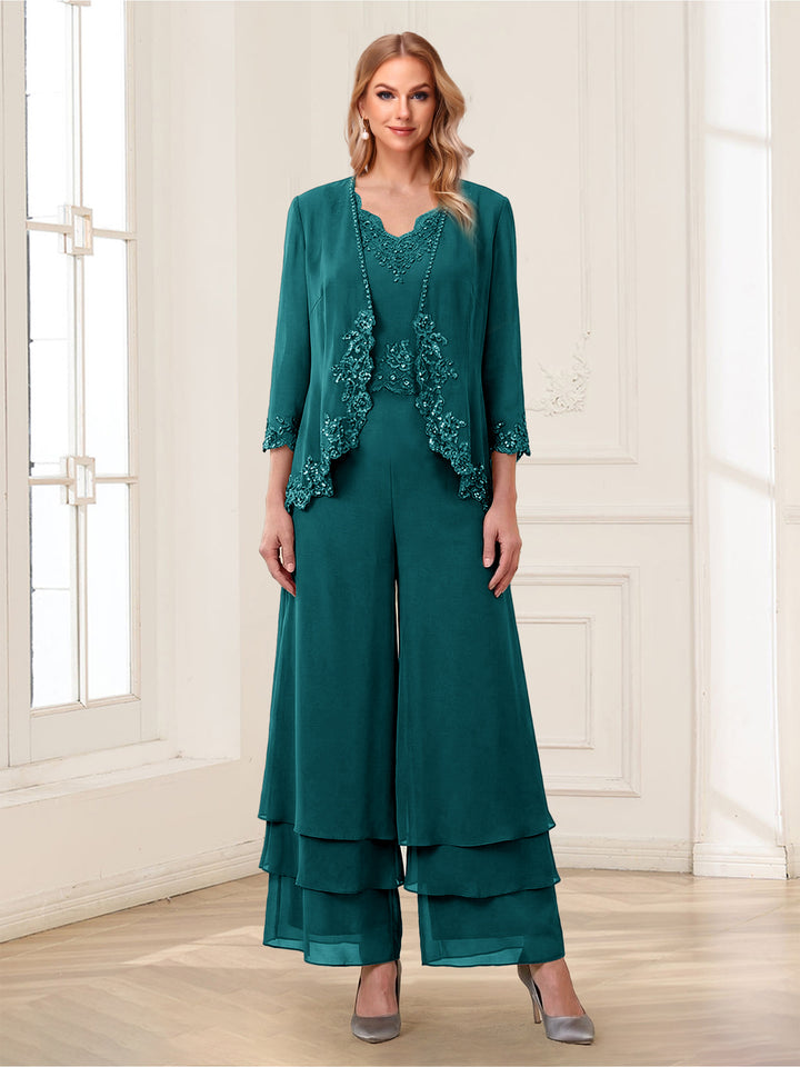 Jumpsuits V-Neck 3/4 Sleeves Ankle-Length Two Pieces Mother of the Bride Pantsuit with Lace