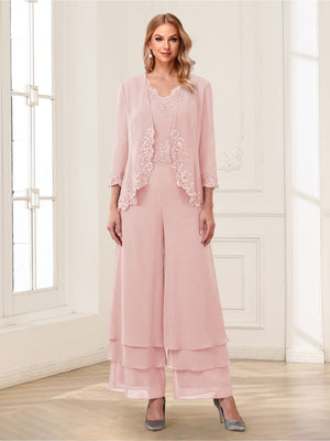 Jumpsuits V-Neck 3/4 Sleeves Ankle-Length Two Pieces Mother of the Bride Pantsuit with Lace