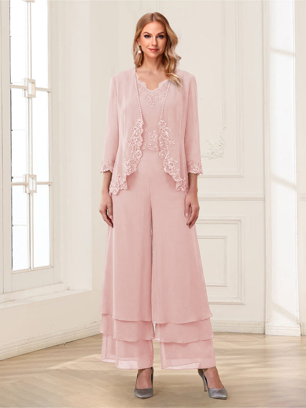Jumpsuits V-Neck 3/4 Sleeves Ankle-Length Two Pieces Mother of the Bride Pantsuit with Lace