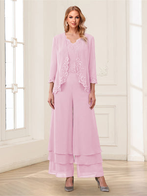 Jumpsuits V-Neck 3/4 Sleeves Ankle-Length Two Pieces Mother of the Bride Pantsuit with Lace