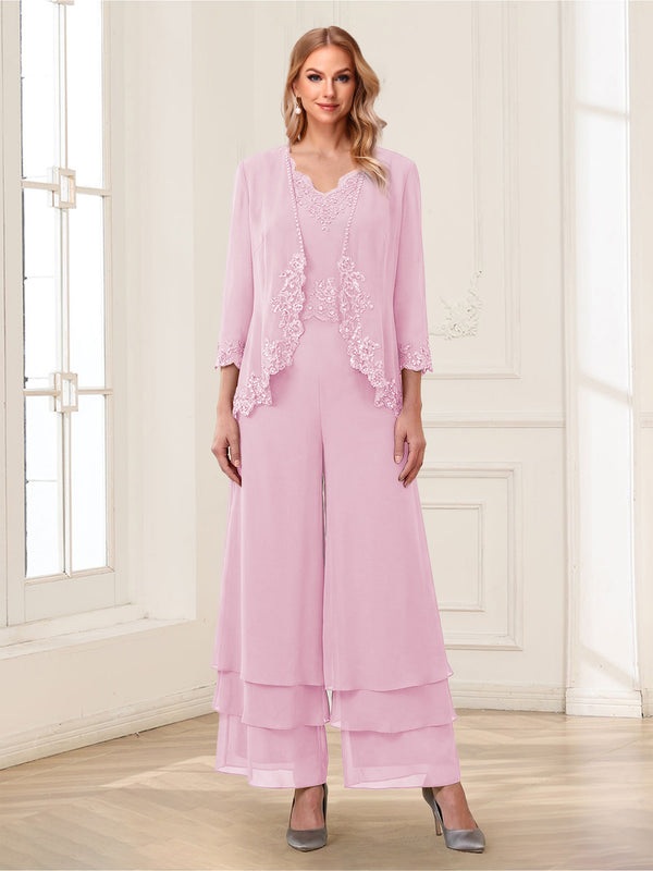 Jumpsuits V-Neck 3/4 Sleeves Ankle-Length Two Pieces Mother of the Bride Pantsuit with Lace
