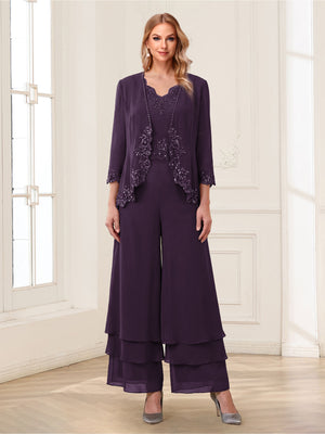 Jumpsuits V-Neck 3/4 Sleeves Ankle-Length Two Pieces Mother of the Bride Pantsuit with Lace