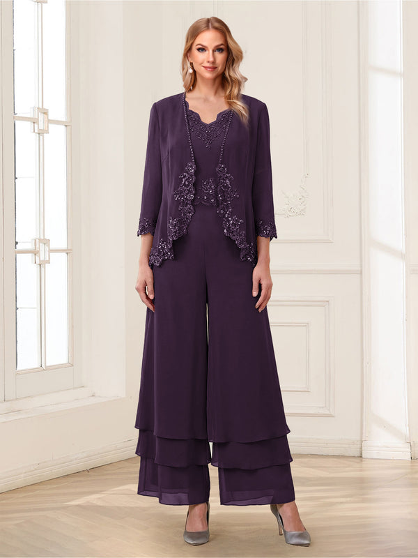 Jumpsuits V-Neck 3/4 Sleeves Ankle-Length Two Pieces Mother of the Bride Pantsuit with Lace