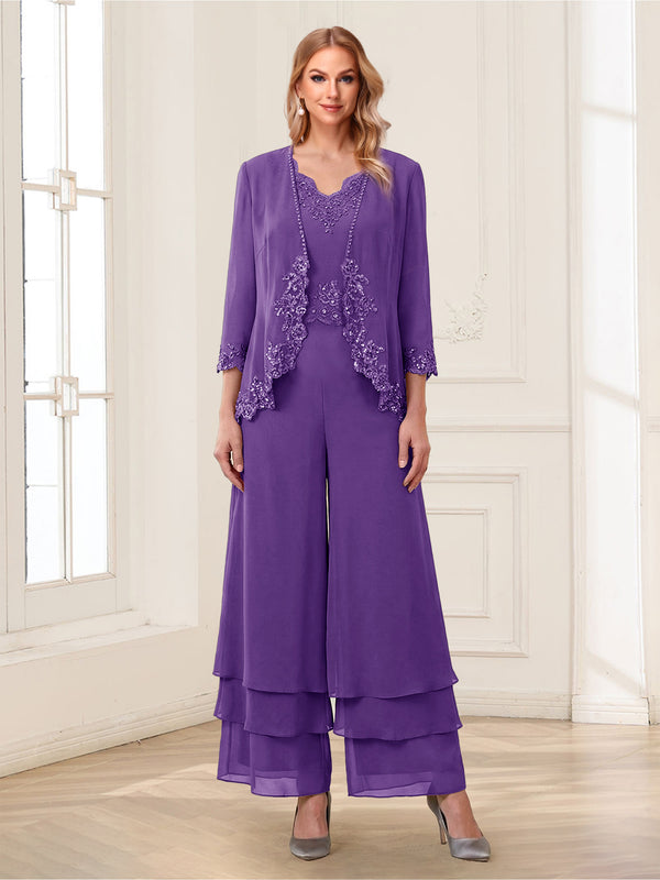 Jumpsuits V-Neck 3/4 Sleeves Ankle-Length Two Pieces Mother of the Bride Pantsuit with Lace