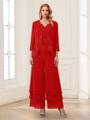 Jumpsuits V-Neck 3/4 Sleeves Ankle-Length Two Pieces Mother of the Bride Pantsuit with Lace