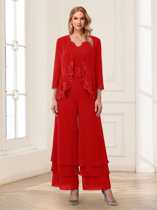 Jumpsuits V-Neck 3/4 Sleeves Ankle-Length Two Pieces Mother of the Bride Pantsuit with Lace