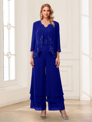 Jumpsuits V-Neck 3/4 Sleeves Ankle-Length Two Pieces Mother of the Bride Pantsuit with Lace