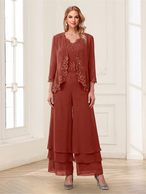 Jumpsuits V-Neck 3/4 Sleeves Ankle-Length Two Pieces Mother of the Bride Pantsuit with Lace
