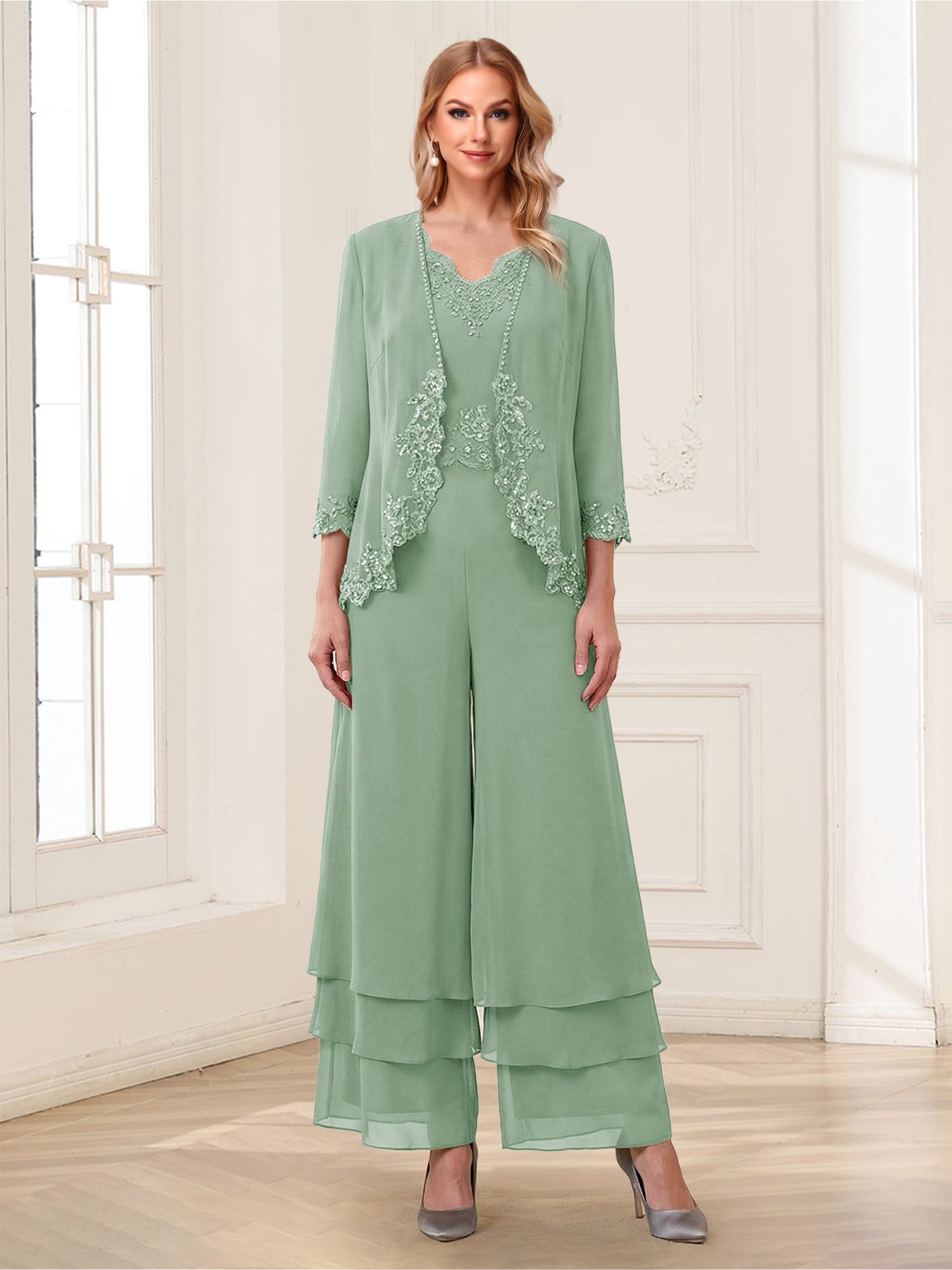 Jumpsuits V-Neck 3/4 Sleeves Ankle-Length Two Pieces Mother of the Bride Pantsuit with Lace