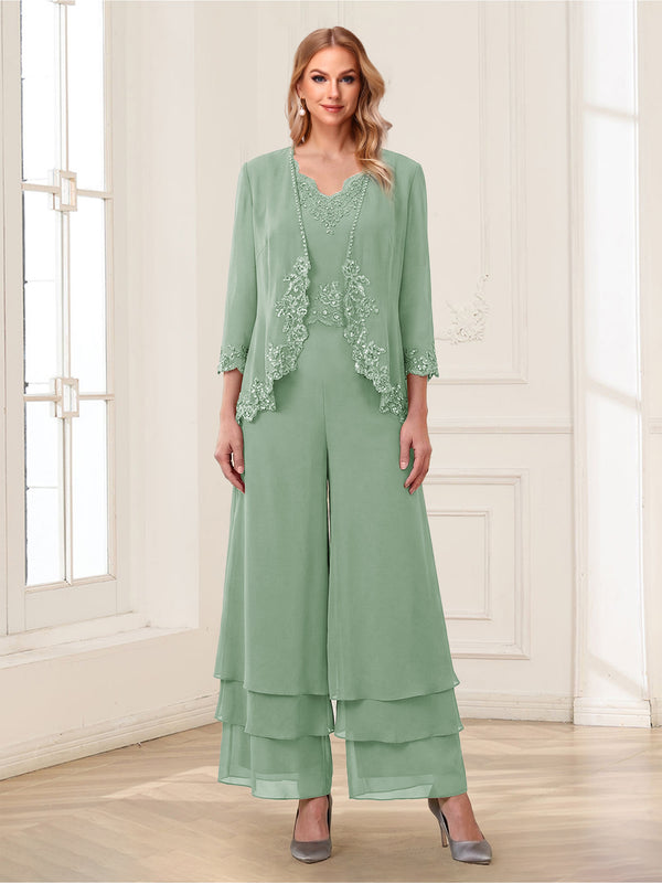 Jumpsuits V-Neck 3/4 Sleeves Ankle-Length Two Pieces Mother of the Bride Pantsuit with Lace