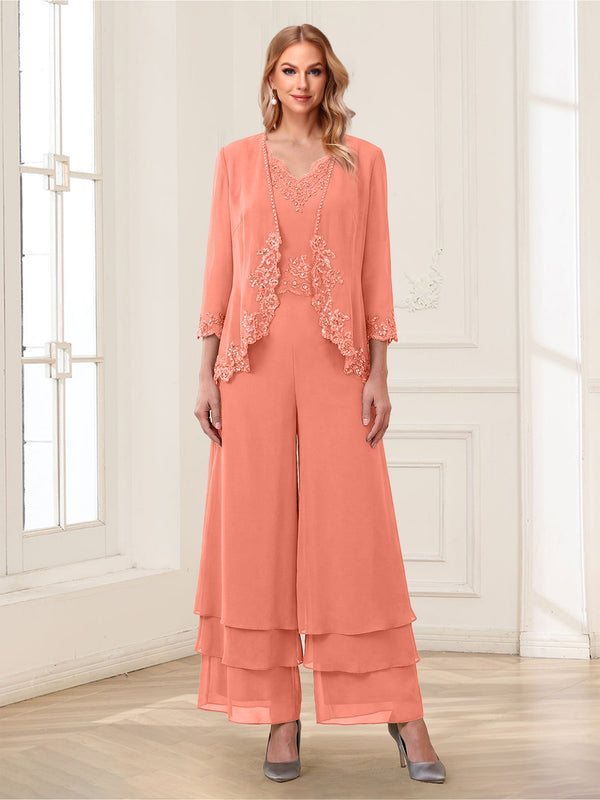 Jumpsuits V-Neck 3/4 Sleeves Ankle-Length Two Pieces Mother of the Bride Pantsuit with Lace