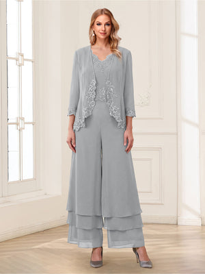 Jumpsuits V-Neck 3/4 Sleeves Ankle-Length Two Pieces Mother of the Bride Pantsuit with Lace