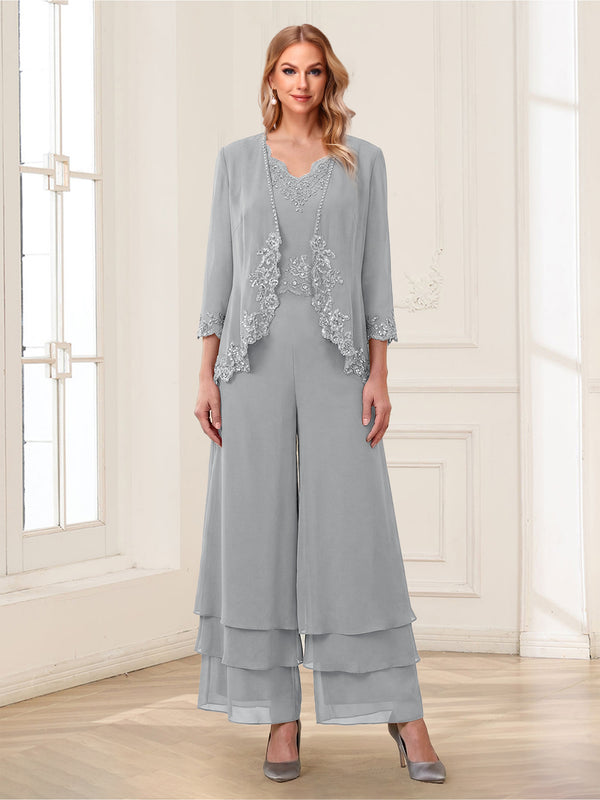 Jumpsuits V-Neck 3/4 Sleeves Ankle-Length Two Pieces Mother of the Bride Pantsuit with Lace