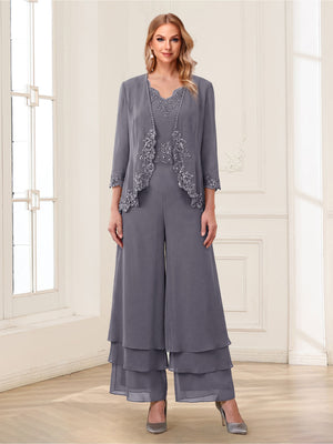 Jumpsuits V-Neck 3/4 Sleeves Ankle-Length Two Pieces Mother of the Bride Pantsuit with Lace