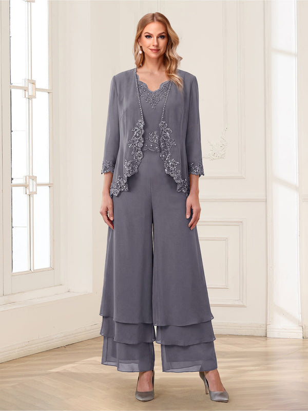 Jumpsuits V-Neck 3/4 Sleeves Ankle-Length Two Pieces Mother of the Bride Pantsuit with Lace