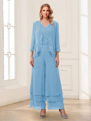 Jumpsuits V-Neck 3/4 Sleeves Ankle-Length Two Pieces Mother of the Bride Pantsuit with Lace