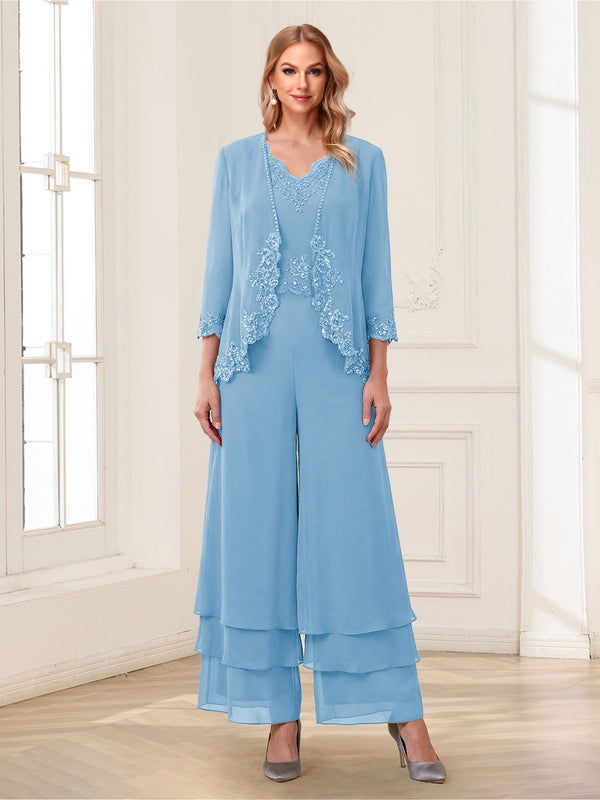 Jumpsuits V-Neck 3/4 Sleeves Ankle-Length Two Pieces Mother of the Bride Pantsuit with Lace