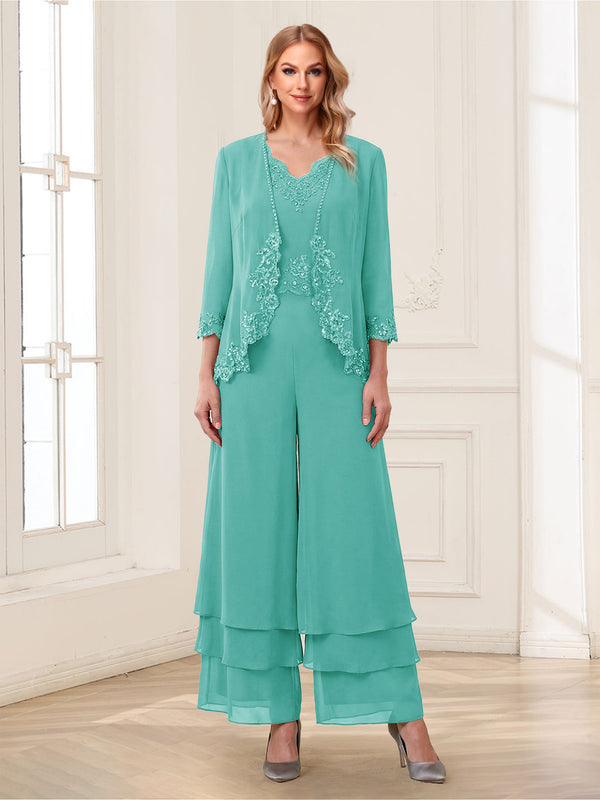 Jumpsuits V-Neck 3/4 Sleeves Ankle-Length Two Pieces Mother of the Bride Pantsuit with Lace