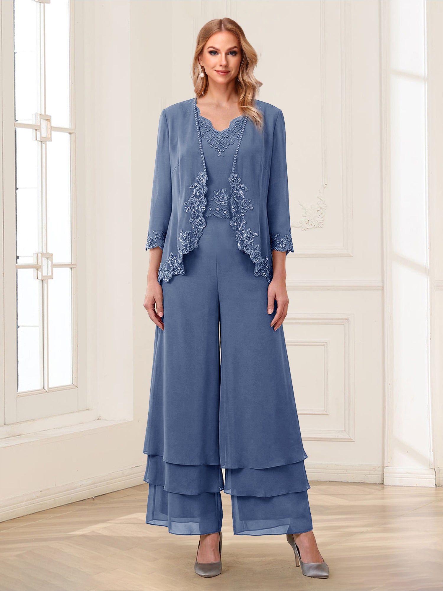 Jumpsuits V-Neck 3/4 Sleeves Ankle-Length Two Pieces Mother of the Bride Pantsuit with Lace