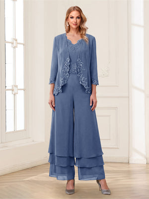Jumpsuits V-Neck 3/4 Sleeves Ankle-Length Two Pieces Mother of the Bride Pantsuit with Lace