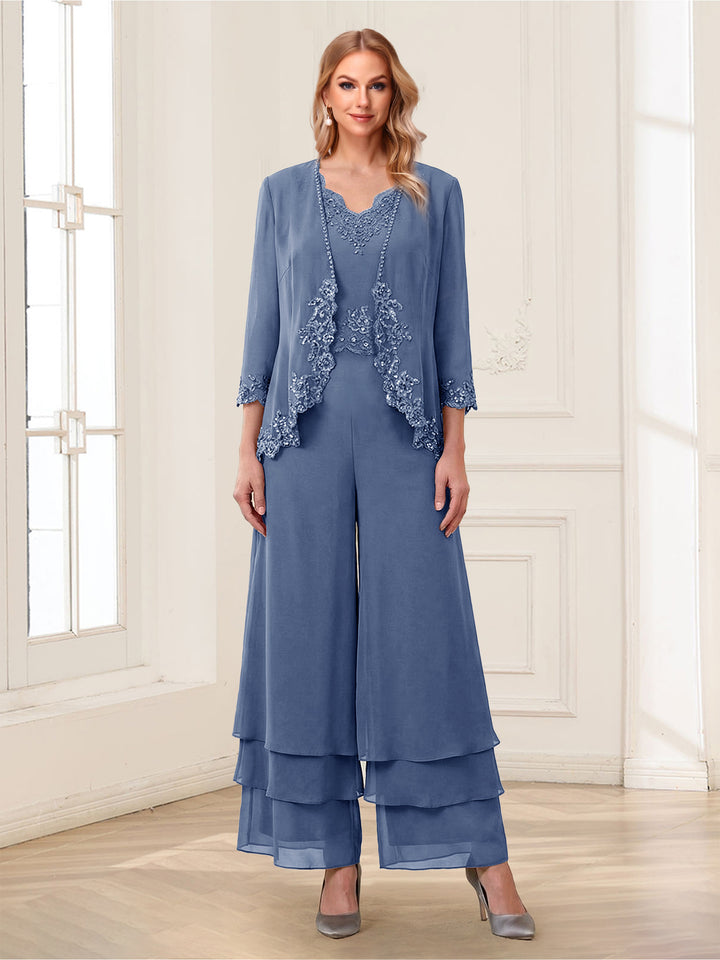 Jumpsuits V-Neck 3/4 Sleeves Ankle-Length Two Pieces Mother of the Bride Pantsuit with Lace