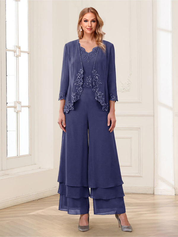 Jumpsuits V-Neck 3/4 Sleeves Ankle-Length Two Pieces Mother of the Bride Pantsuit with Lace