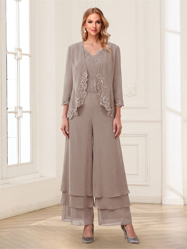 Jumpsuits V-Neck 3/4 Sleeves Ankle-Length Two Pieces Mother of the Bride Pantsuit with Lace