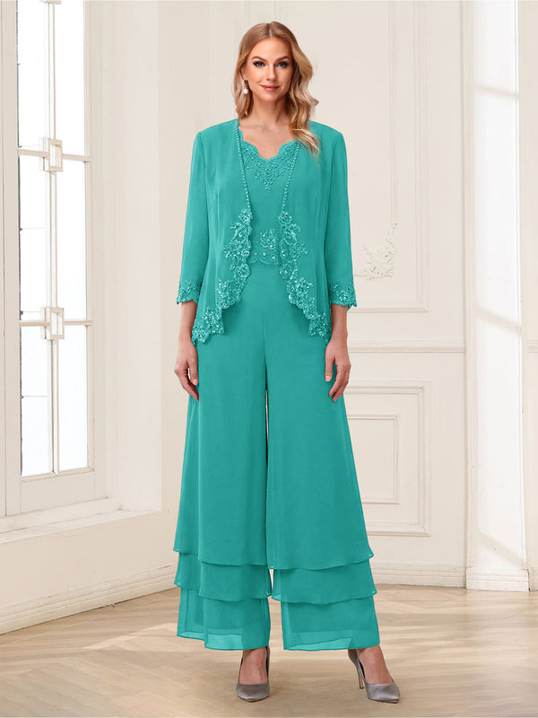 Jumpsuits V-Neck 3/4 Sleeves Ankle-Length Two Pieces Mother of the Bride Pantsuit with Lace