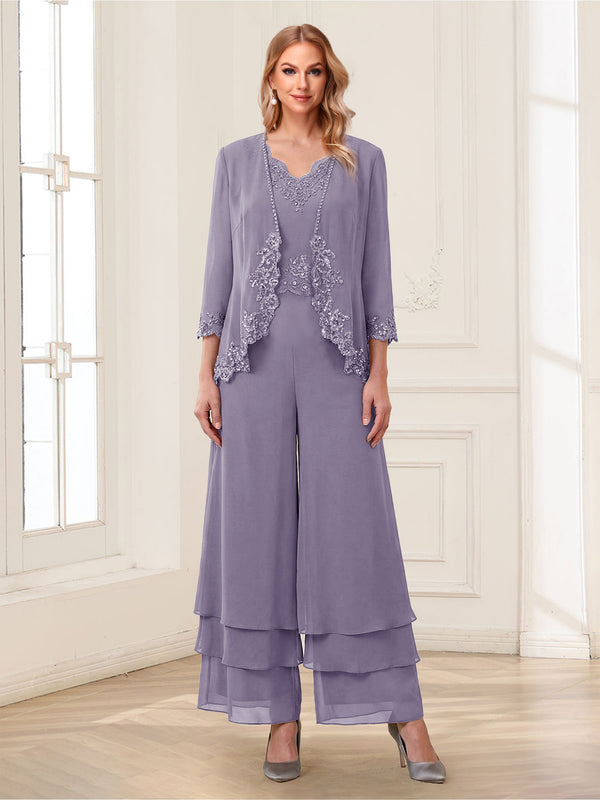 Jumpsuits V-Neck 3/4 Sleeves Ankle-Length Two Pieces Mother of the Bride Pantsuit with Lace