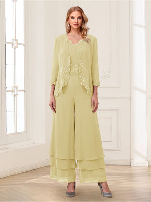 Jumpsuits V-Neck 3/4 Sleeves Ankle-Length Two Pieces Mother of the Bride Pantsuit with Lace